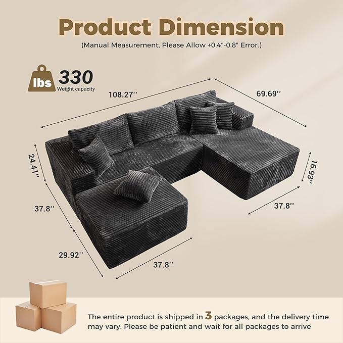 108 L-Shape Boneless Couch with Ottoman Modern Deep Seat Cloud Sectional Couches for Living Room Plush Corduroy Memory Foam Modular Sofa in a Box Grey
