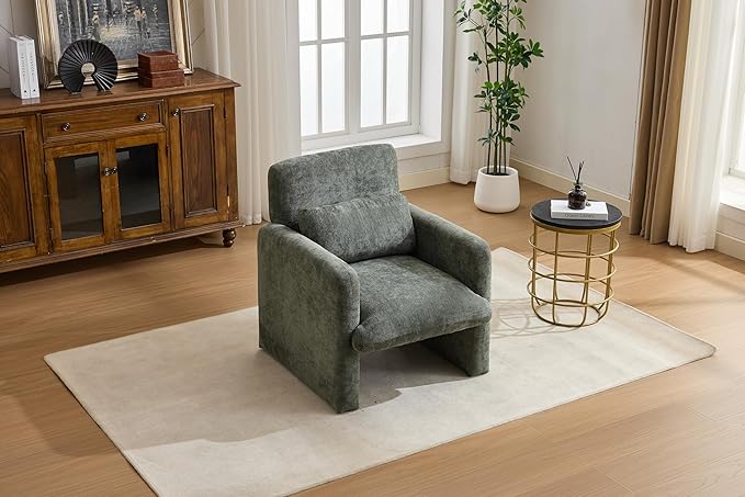 GDFStudio 30 Modern Accent Chair Upgrade Leisure Boucle Upholstered Armchair with Straight Arms and Waist Pillow Comfy Single Sofa Chair for Living Room Bedroom Office Apartment Antique Green