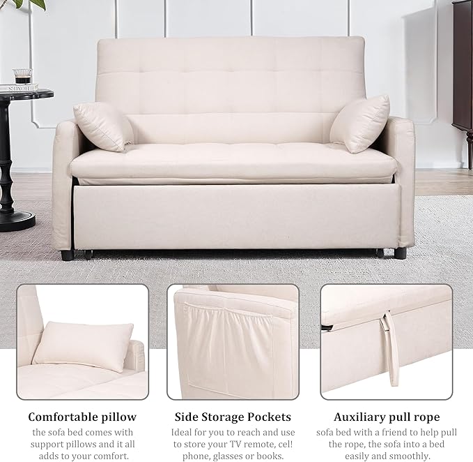 Oversized 3-in-1 Convertible Sleeper Sofa Bed Futon Couch with Pullout Bed 2-Seater Loveseat Sofa w/Pockets Adjustable Backrest and Pillows for Living Room Apartment (White-Button Tufted)