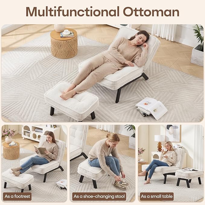 ANJ 3-Position Adjustable Accent Floor Chair with Ottoman Ergonomic Stable Lounge Chairs for Adults Thick Cushioned Comfy Reading Chair with Footrest for Living Room Bedroom White