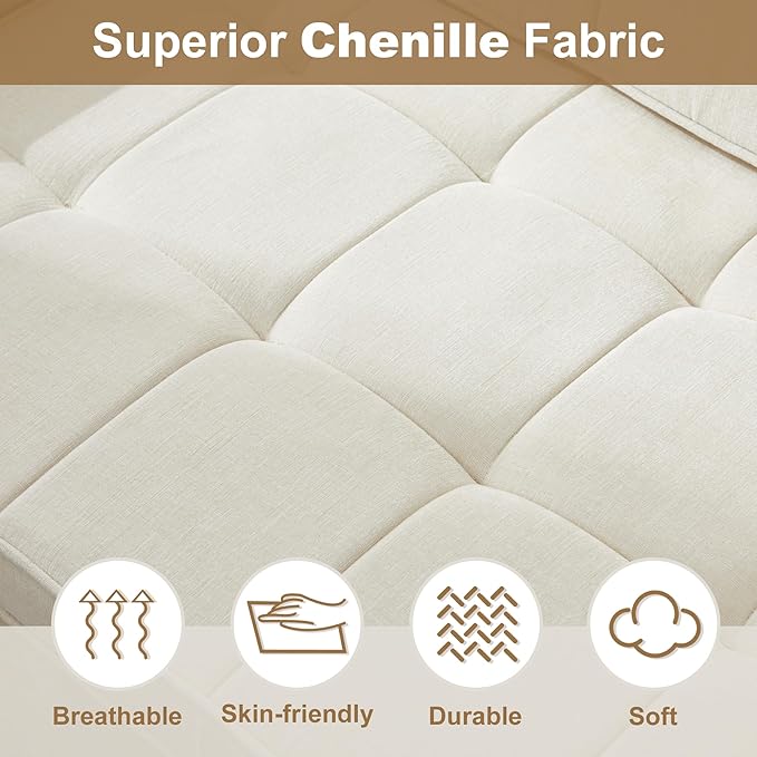 Tbfit 57 Convertible Sofa Bed Chenille Futon Sleeper Sofa Couch with Pullout Bed USB &amp Adjustable Backrest Full Size Pull Out Loveseat Couches for Living Room Apartment Office Dorm Beige