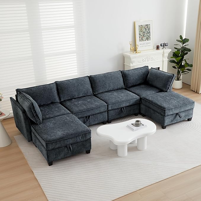ORRD Oversize Modular Sectional Sofa Set Convertible U Shaped Couch with Storage 6 Seater Sofa Modular with Ottomans and Reversible Chaise for Living Room Office (Blue Grey)