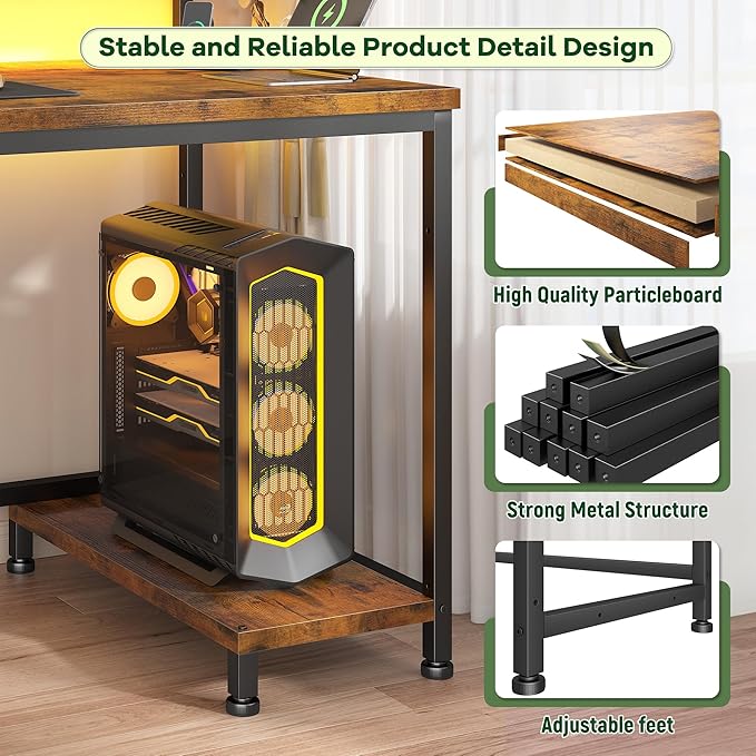 39.3Inch Office Desk with Power Outlet &amp Drawer Gaming Desk with CPU Stand&amp LED LightsComputer Desk with Ergonomic Monitor Stand for Small SpaceRustic Brown