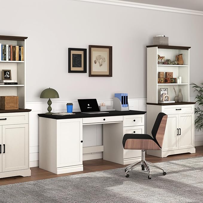 60.5 Executive Office Desk Classic Computer Desk with File Drawer Keyboard Tray Cabinet Storage Farmhouse Wood Writing Desk for Home Office or Study White with Black Desktop