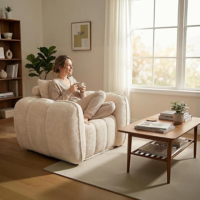 Furnimart Pumpkin Single Sofa Oversized Could Comfy Accent Chair Foam Boneless Chair Wide Seat Modern Small Couch for Living Room Bedroom Assemble Free(Beige)