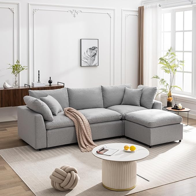 kevinplus 104 Sectional Sofa Couch Cloud Sofa Couch Dupes with Feather Filled for Living Room L-Shaped 3-Seat Sofa Couch for Apartment Washable Cushion Cover &amp Convertible Ottoman Light Gray