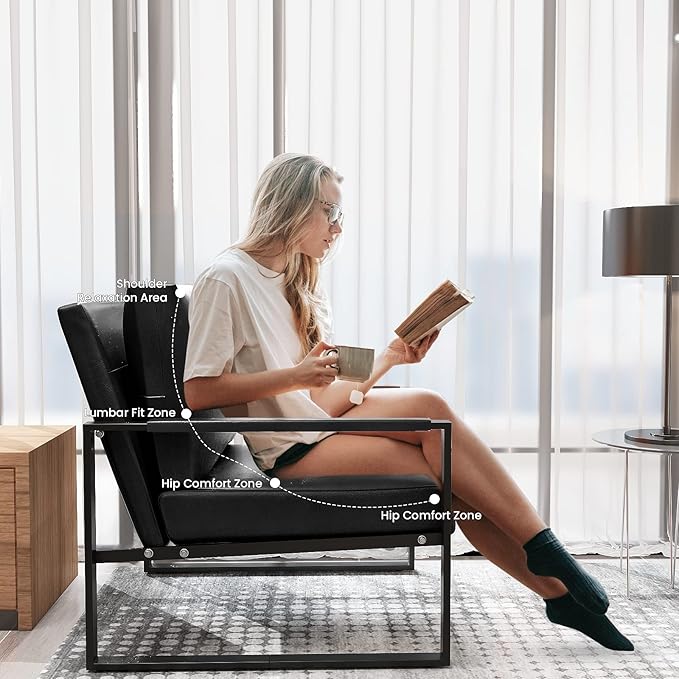 Recaceik Leather Accent Chairs Midcentury Modern Armchair with XL Ergonomic Cushion Sturdy Metal Frame Anti-Scratch Foot Mats Single Sofa Chair for Living Room Black 22.83D x 28.35W 33.46H in