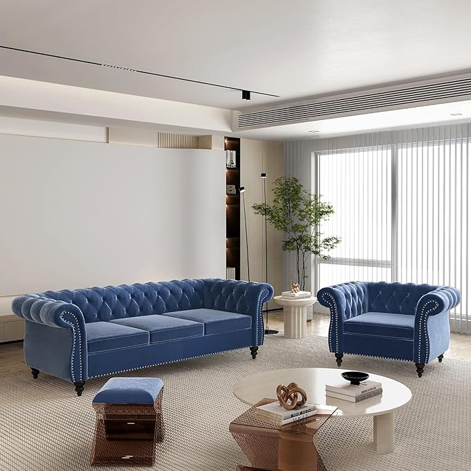 Chesterfield 3 Seater Sofa Modern Velvet Tufted Couch 3 Seater with Rolled Arms and Nailhead Mid-Century Upholstered Couch for Living Room Bedroom Apartment and Office Blue