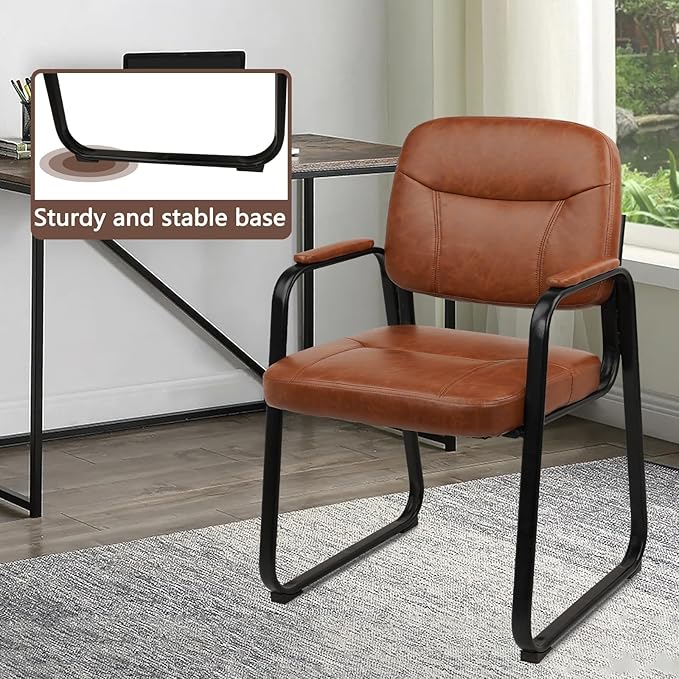 CLATINA Leather Office Guest Waiting Room Chair with Sled Base Reception Chair No Wheels with Armrests and Lumber Support Stationary Desk Armchair for Meeting Conference Lobby Shool Brown 6 PK