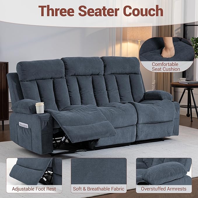 3 Seater Reclining Sofa Couch with Cup Holders Comfy Triple Manual Fabric Recliner Chair for Living Room Home Theater Office Blue