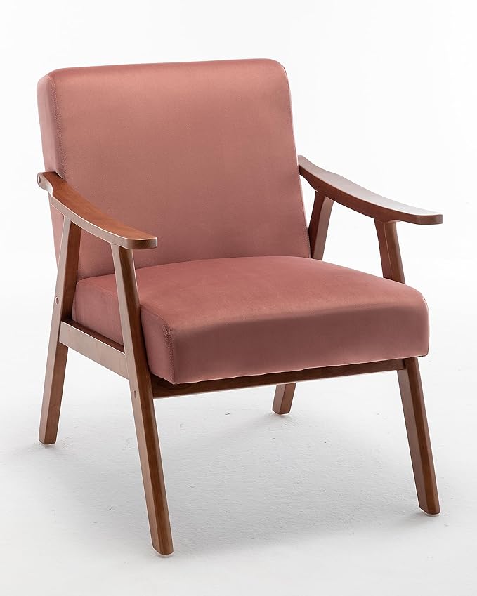 Mid-Century Modern Chair Living Room Chair with Solid Wood Frame Accent Chair Extra-Thick Backrest Wingback Chair for Bedroom Reading Room Lounge Chair Indoor (Velvet Pink)