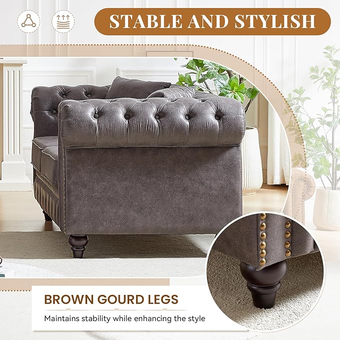 Modern Chesterfield Sofa Couch 85.5-inch Faux Leather 3-Seater Sofa with Rolled Arms and Tufted Button for Living Room Office Grey