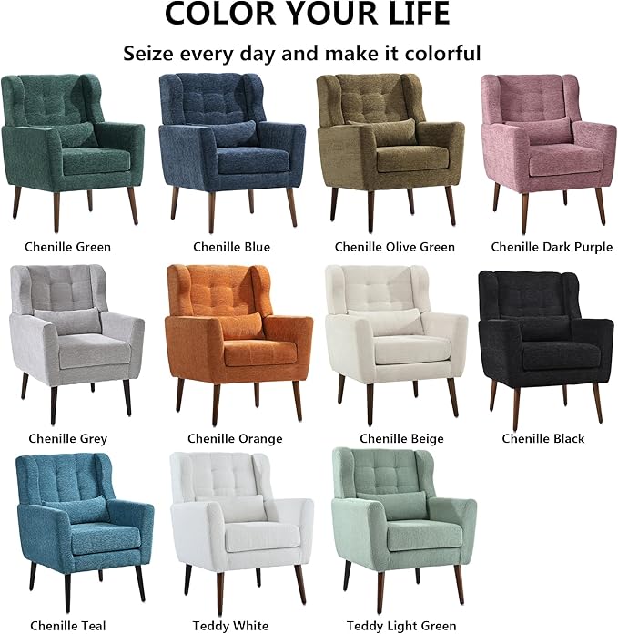 Modern Accent Chair Chenille Fabric Upholstered Tufted Side Chair Wingback ChairMid Century Reading Armchair with Waist Pillow Backrest for Living Room Bedroom (Dark Purple)