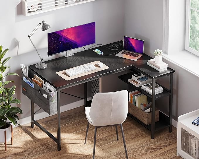 ODK 40 Inch Small L Shaped Gaming Computer Desk with Power Outlets Reversible Storage Shelves &amp PC Stand for Home Office Simple Writing Study Table with Storage Bag for Small Space Black