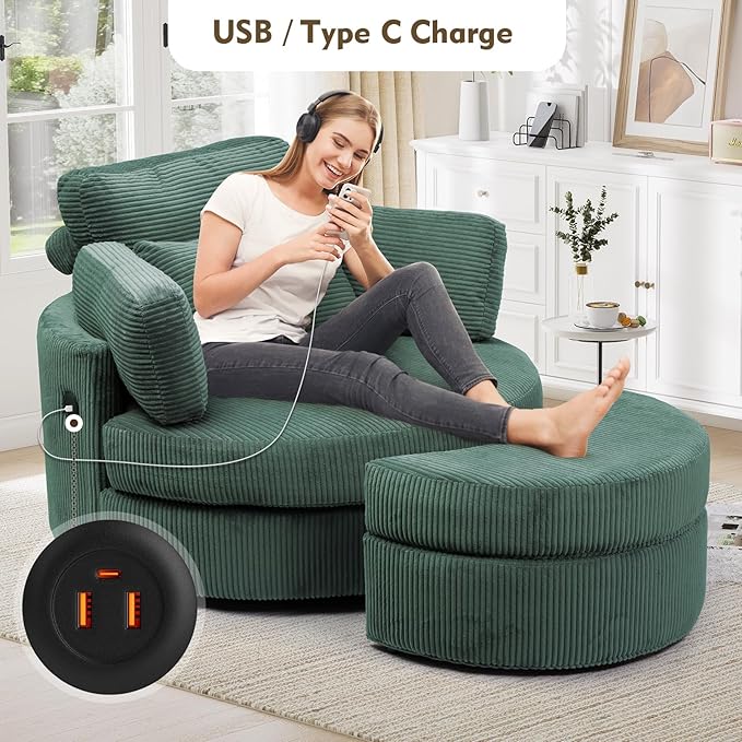 Oversized Swivel Chair with Ottoman 41.3 Swivel Accent Chair Barrel Chairs with USB Charging Port Round Chaise Lounge Indoor with 4 Pillow Reading Chairs for Living Room (Corduroy Olive Green)
