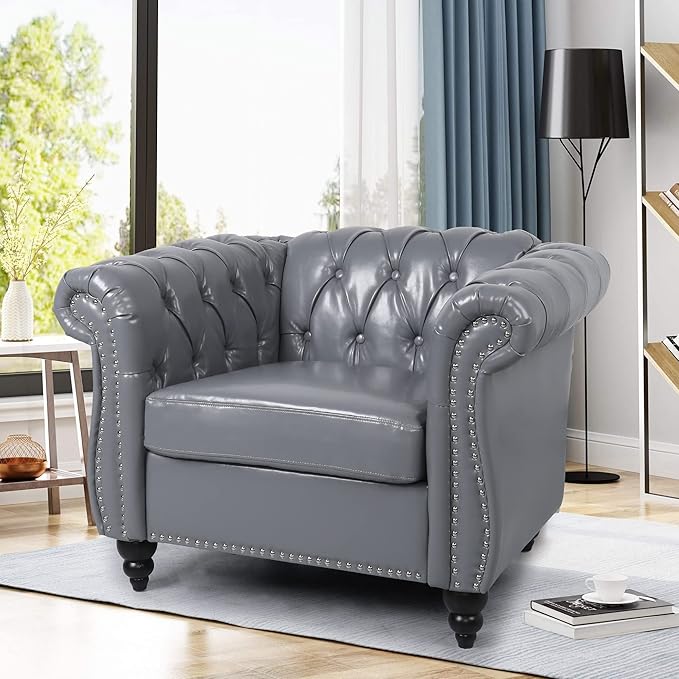 RARZOE PU Chesterfield Chairs Chesterfield Faux Leather Club Chair Chesterfield Button Tufted Leather Accent Chair with Nailhead Trim Scrolled Arms for Living Room Bedroom Office Grey
