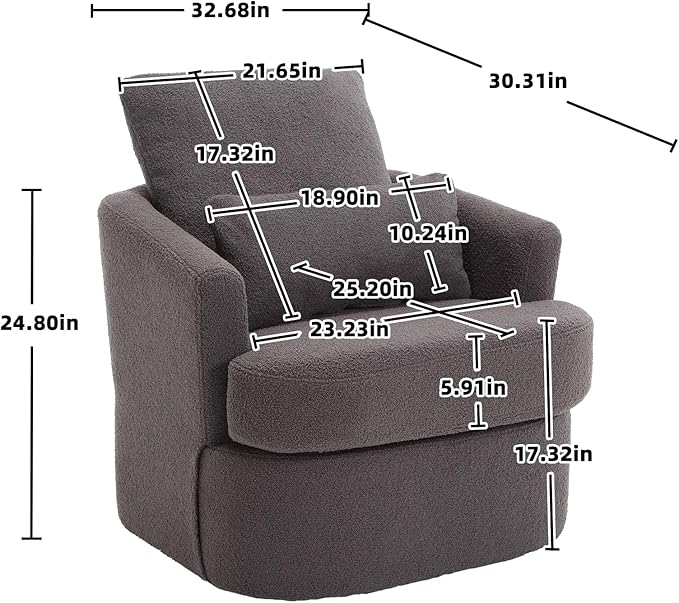 QQU 360° Swivel Barrel Chair Oversized Round Accent Sofa with Removable Pillows Modern Circle Couch Sofa Chair &amp Chaise Lounge Soft Swivel Armchair for Living Rooms Bedrooms Apartments Grey