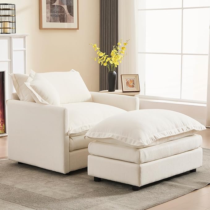 Oversized Chair with Ottoman Upholstered Comfy Single Sofa Chaise Lounge Chair Indoor for Reading Living Room Bedroom Office(Linen White)