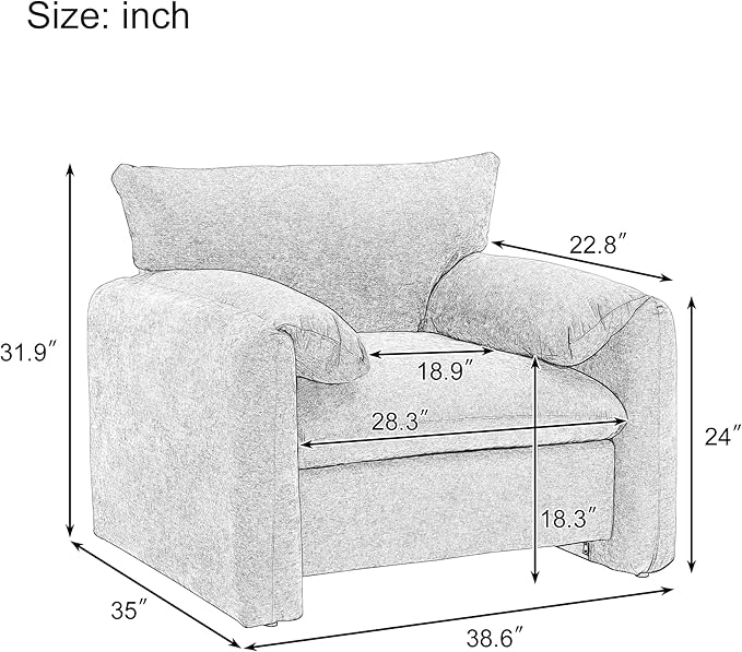 Modern Velvet Fabric Chenille Oversized Single Sofa 38.6’’ W Living Room Accent Armchair Lounge Chair for Living Room Bedroom Meeting Room Hotel Lobby (Cream)