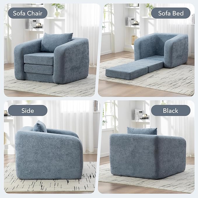 Convertible Sofa Bed Chenille Upholstered Pull Out Sofa Bed with Pillows 2-in-1 Sofa Chair with Minimalist Design Comfy Folding Mattress Couch for Apartment (Light Blue Single Sofa Bed)