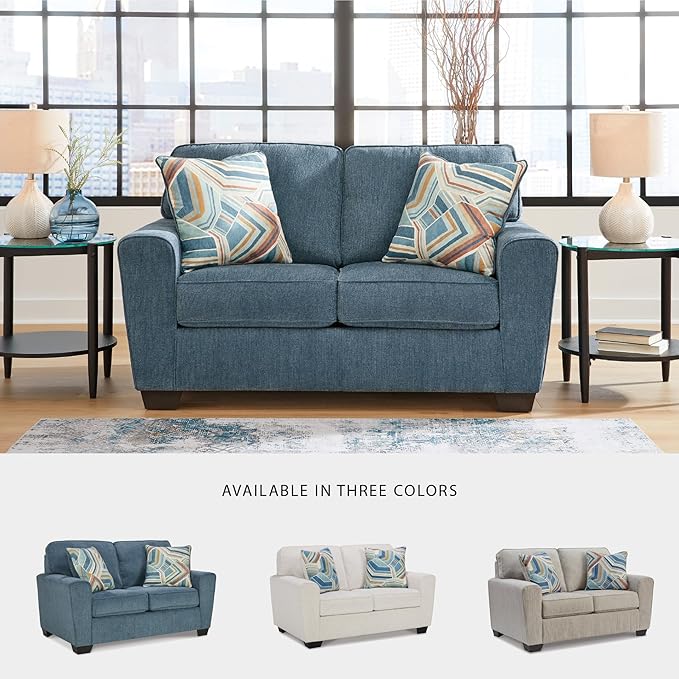 Signature Design by Ashley Cashton Contemporary Loveseat Exposed Feed With Faux Wood Finish Accent Pillows Fabric Upholstery 63 W x 38 D x 39 H Blue