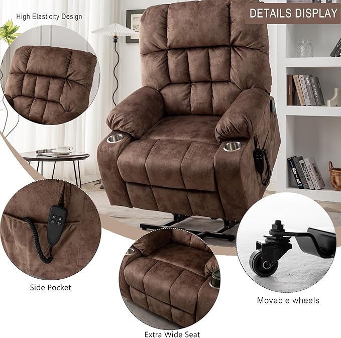 Large Power Lift Recliner Chair with Massage and Heat for ElderlyOverstuffed Wide ReclinersBreathable Leather with 2 Cup HoldersDual OKIN MotorRecline up to 180 Degrees
