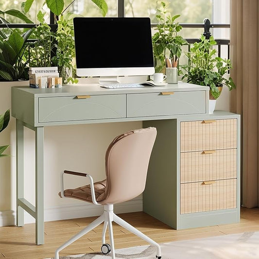 Tribesigns Computer Desk with 5 Drawers Reversible Small Writing Desk with Storage Modern Wooden Study Corner Table Workstation for Home Office Small Spaces Mint Green