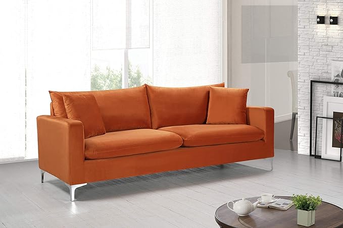 Meridian Furniture 633Cognac-S Naomi Collection Modern | Contemporary Velvet Upholstered Sofa with Deep Channel Tufting and Rich Gold Stainless Steel Legs Cognac 81.5 W x 33.5 D x 30 H