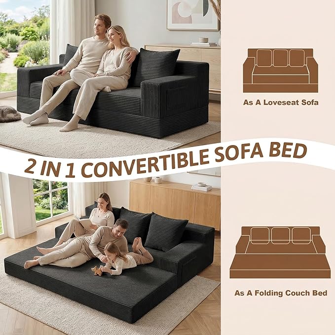 78 Convertible Sofa Bed Foldable Floor Couch Futon SofaHigh-Density Sponge Boneless Couch 3 Seater Sleeper Couch with 3 Pillows for Living Room Bedroom Lounge (Black)