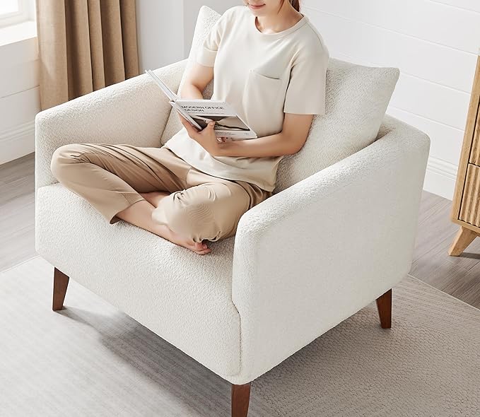 VANOMi Oversized Accent Chair Set of 2 37 Wide Boucle Armchair with Solid Wood Legs Modern Accent Chair for Living Room Bedroom Office Cozy Reading Chair Easy Assembly White