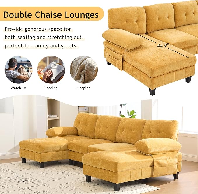 P PURLOVE Chenille Modern Large Sectional Sofa U-Shaped Sectional Sofa Couch with Dual Chaise Lounges Storage Pockets and Armrest Pillows for Living Room (Yellow)
