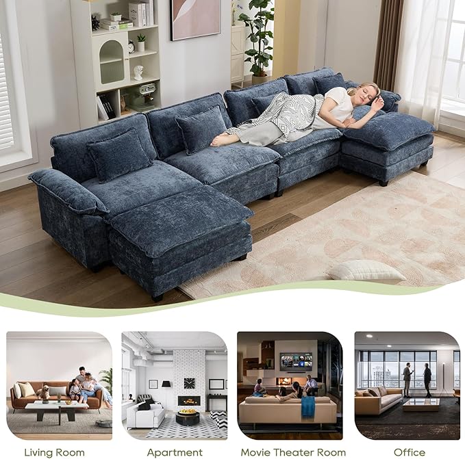 IPKIG 154 Modular Sectional Sofa Cloud Couch Chenille Large U-Shaped Couch Comfy Upholstered 4-Seat Sofa with 2 Ottoman 4 Lumbar Pillow Deep Seat Sofa for Living Room (Blue)