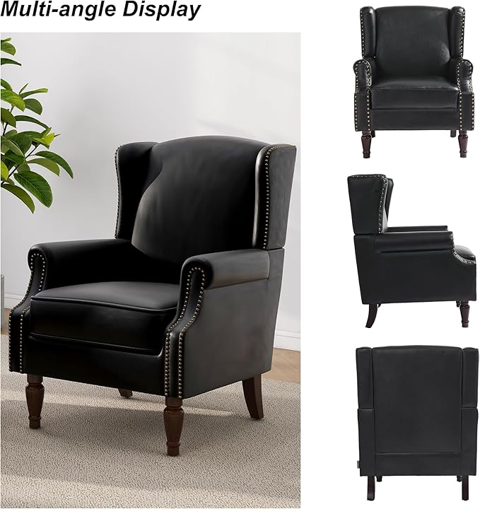 Floral High Back Accent Chair Upholstered Armchair with Solid Wood Legs Comfy Wingback Reading Single Sofa Chair for Small Spaces Living Room Bedroom(Leather Black Set of 2)