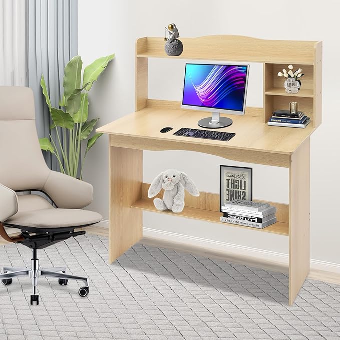 Computer Desk with Hutch - 40 Home Office Desk with Bookshelf &amp Lower Storage Shelf for Studying Gaming Table Computer Desk and Small Spaces (Wood Color)
