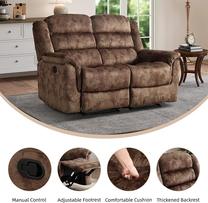 EBELLO Loveseat Recliner Sofa for Living Room Extra Wide Modern Overstuffed 2 Seat Reclining Sofa Chair Breathable Fabric Dual Manual Recliner Brown