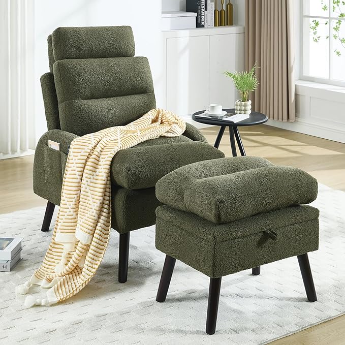 Accent Chair with Ottoman Comfy Reading Chair with Ottoman Set Modern Oversized Velvet Lounge Armchair with Adjustable Backrest for Living Room Bedroom (Teddy Dark Green)