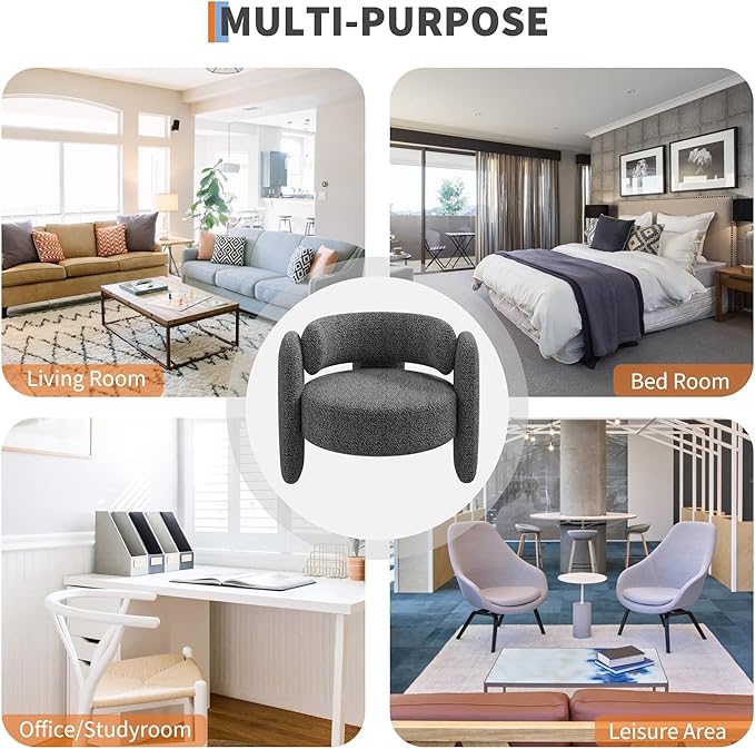 Modern Boucle Swivel Accent Chair Oversized Barrel Round Lounge Chair Mid-Century Open Back Armchair Cozy Sherpa Chair for Living Room Bedroom Office Cafe Reading Nook Dark Gray