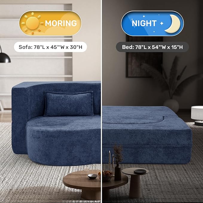 78 Convertible Sofa Bed with Pillows Queen Sleeper SofaFoam Folding Mattress Sleeper Modern Teddy Fabric Floor Cushion and Futon Chaise Lounge SofaFor ApartmentsGuest RoomsGuest UseCondoBlue