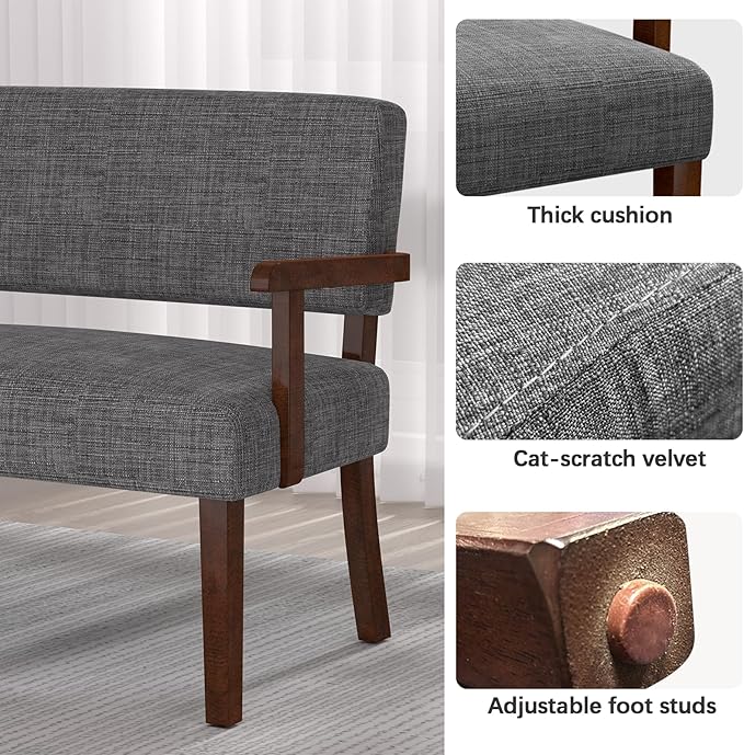Accent Chair 2 Seat Upholstered Reading Leisure Chair Bench with Solid Wood Frame (Gray)