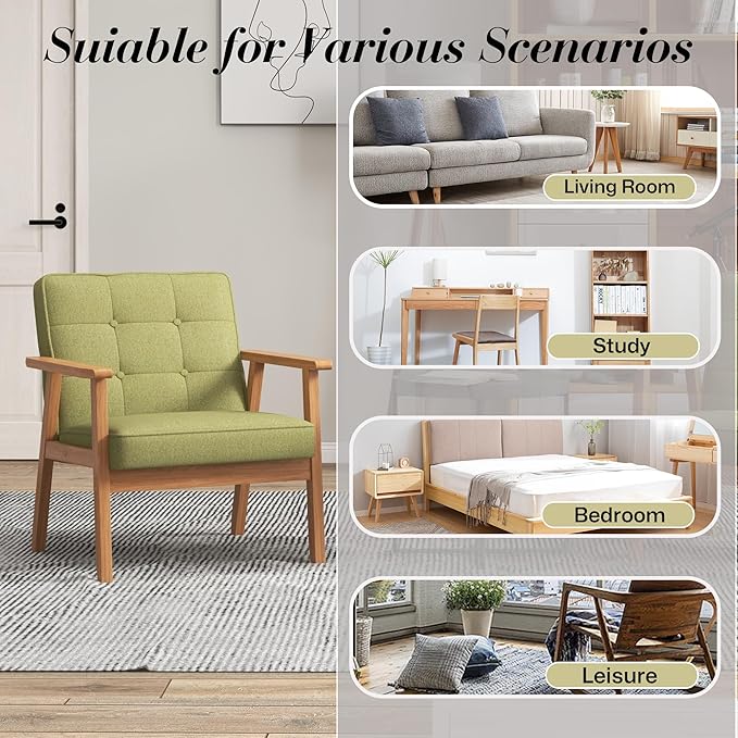KCC Mid-Century Modern Linen Fabric Accent Chair Upholstered Tufted Leisure Chair Comfy Reading Side Chair with Armrest and Solid Wood Frame for Living Room Bedroom Balcony(Green)
