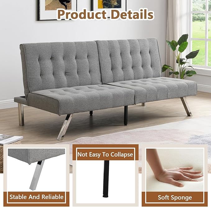 Modern Convertible Futon Sofa Bed Adjustable Loveseat Futon Couch with Metal Legs Upholstered Sofa Bed with Wood Frame Sleeper Couches for Small Compact RV Living RoomOffice (Grey-Fabric)