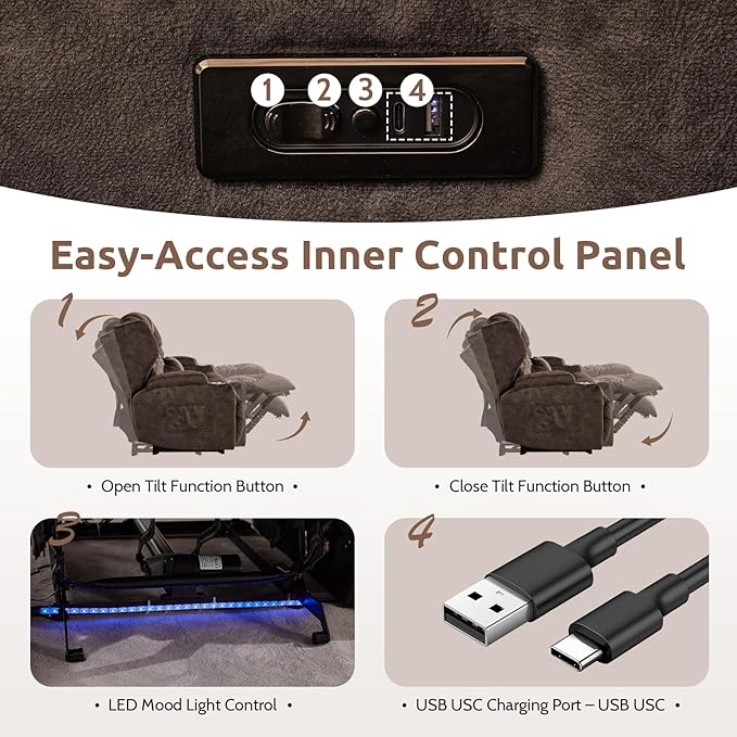 SAMERY Loveseat Recliner Sofa Power Reclining Loveseat Sofa Wall Hugger Recliners RV Couch with Flip-Backrest Solid Wood Top Ambient LED Lights USB-C Outlets Velvet Chestnut | Extra Wide Seat