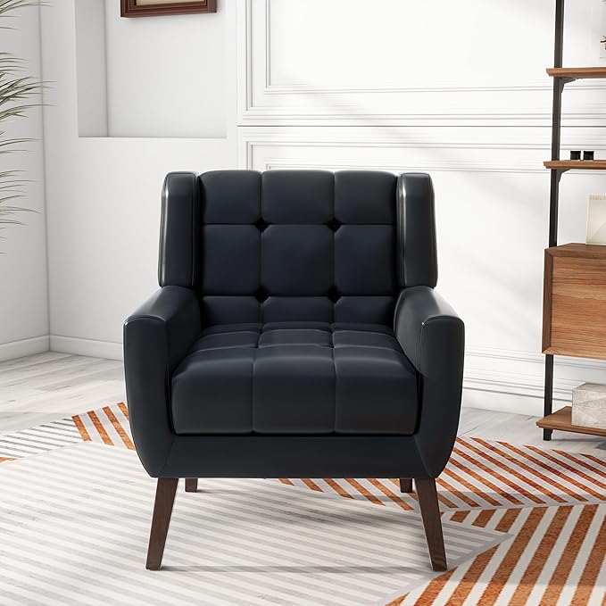 Pia Ricco 2 Pack Mid Century Modern Accent Chairs Button Tufted Faux Leather Armchairs - Easy-Clean Matching Set for Living Room Durable Sofa Chairs for Home Office &amp Lounge Black