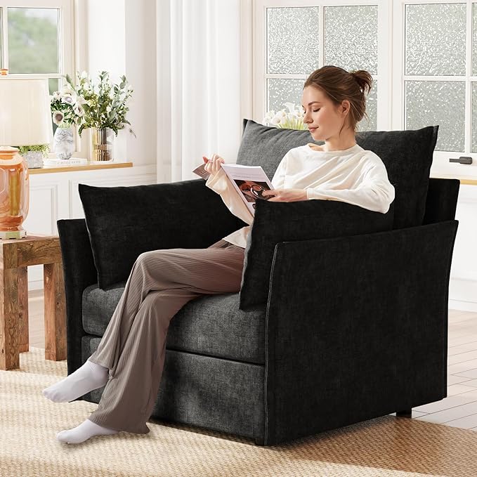 ABCASA Black Oversized Accent Chair with Removable &amp Washable Chenille Cover Modern Mid-Century Upholstered Armchair Deep Seat Comfy Reading Chair for Living Room Pet &amp Kid Friendly