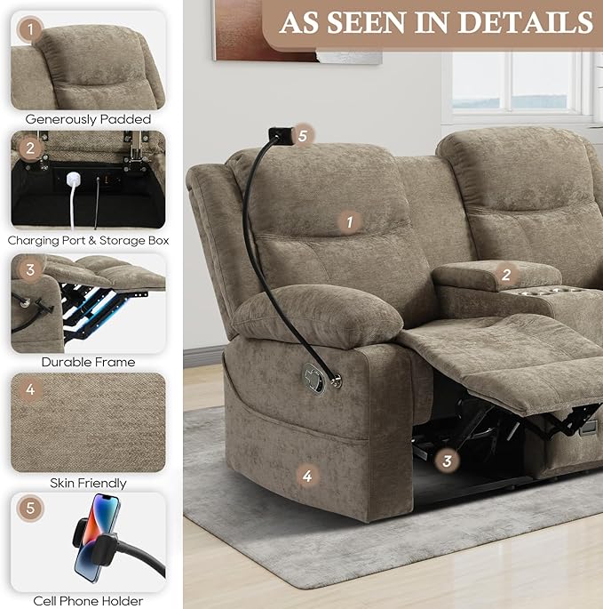 Manual Reclining Loveseat Sofa with Console Chenille Upholstered Couch for RV Living Room Apartment or Office Dual Recliners with Cup Holders Phone Holder Hidden Socket (Camel)
