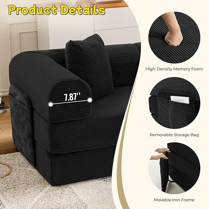 106.3 L Shape Convertible Sleeper Sofa Bed Oversized Modular Sectional Cloud Sofa with Fixed-Shape Frame &amp Storage Pocket Boneless Couch for Living Room No Assembly Required Black