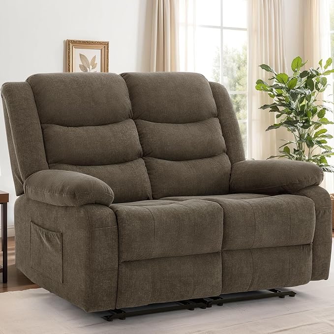 Loveseat Recliner Sofa for RV Furniture and Theater Seating Wall Hugger Loveseat Recliner Oversized Loveseats Couch with Front Porckets&ampSide Pockets Fabric Brown