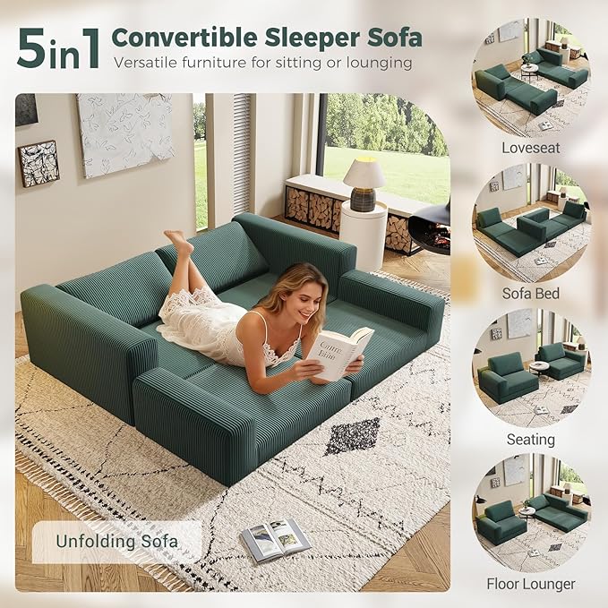 78 Convertible Loveseat Sofa Comfort Corduroy Futon Sofa Bed Wide Armrest Deep Seat No Assembly Folding Sofa Bed for Living Room/Home Office/Apartment (Green Loveseat)