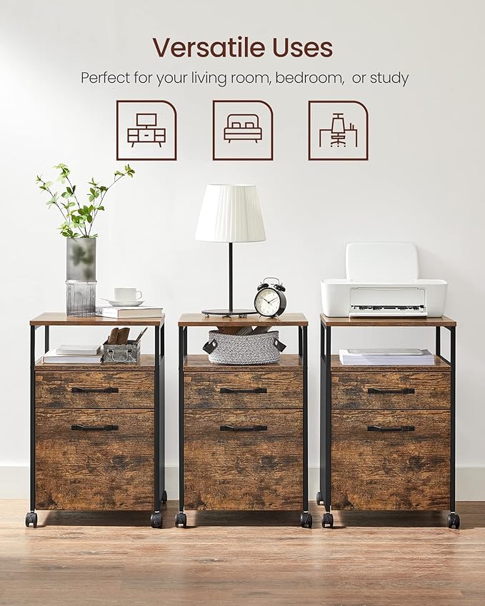 VASAGLE File Cabinet Mobile Filing Cabinet with Wheels 2 Drawers Open Shelf for A4 Letter Size Hanging File Folders Rustic Brown and Ink Black UOFC71X