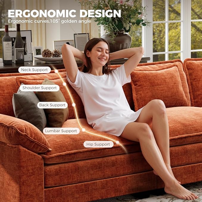 CDCASA 86 Modular Sectional Sofa Comfy L-Shaped Cloud Couch 2-Seater Chenille Deep Seat Modern Loveseat Sofa for Living Room Study Room Terracotta Orange